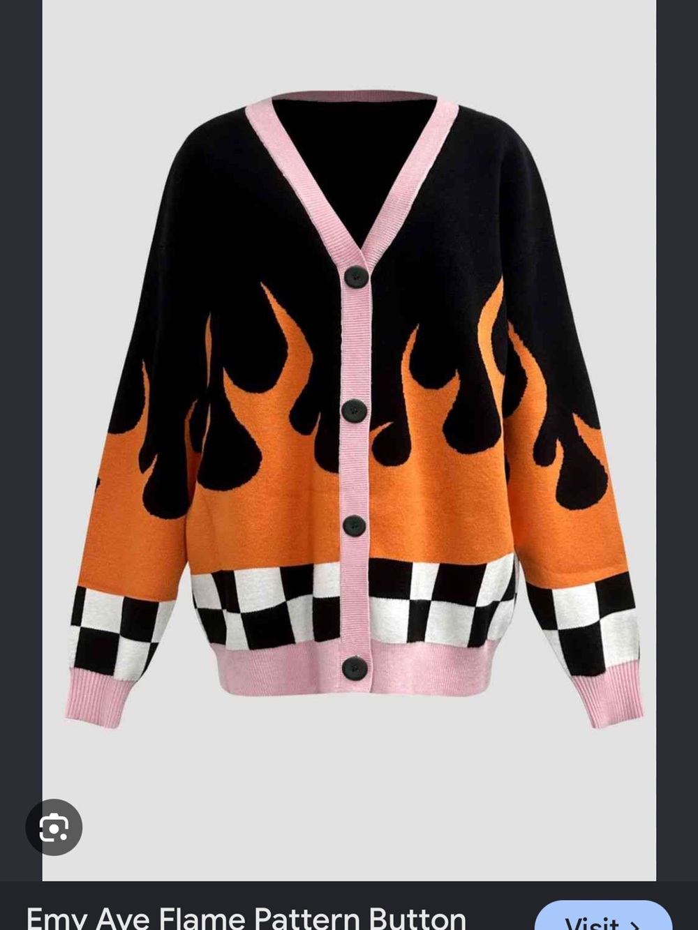 Flame-Pattern Button Cardigan Sweater - Black, Orange & Pink-emy ave